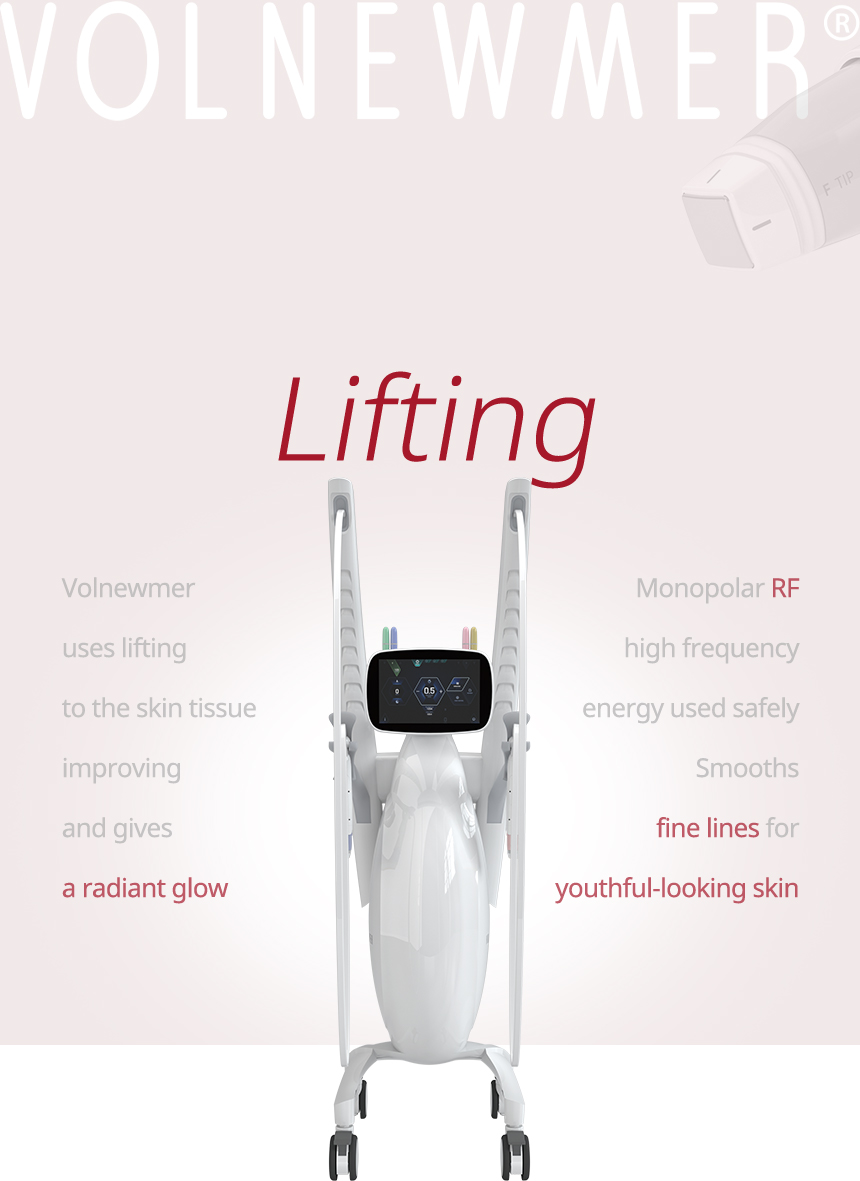 Volnewmer is a monopolar RF lifting medical device that safely delivers high-frequency energy to skin tissues, improving fine lines and creating a youthful glow
