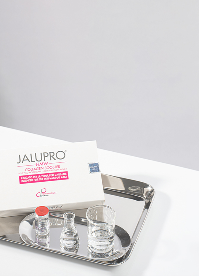 Jalupro HMW collagen booster package, ampoule, and tray background