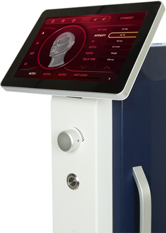 Zoomed-in image of Secret Laser screen enhancing acne scars, skin regeneration, pore tightening, and wrinkle reduction