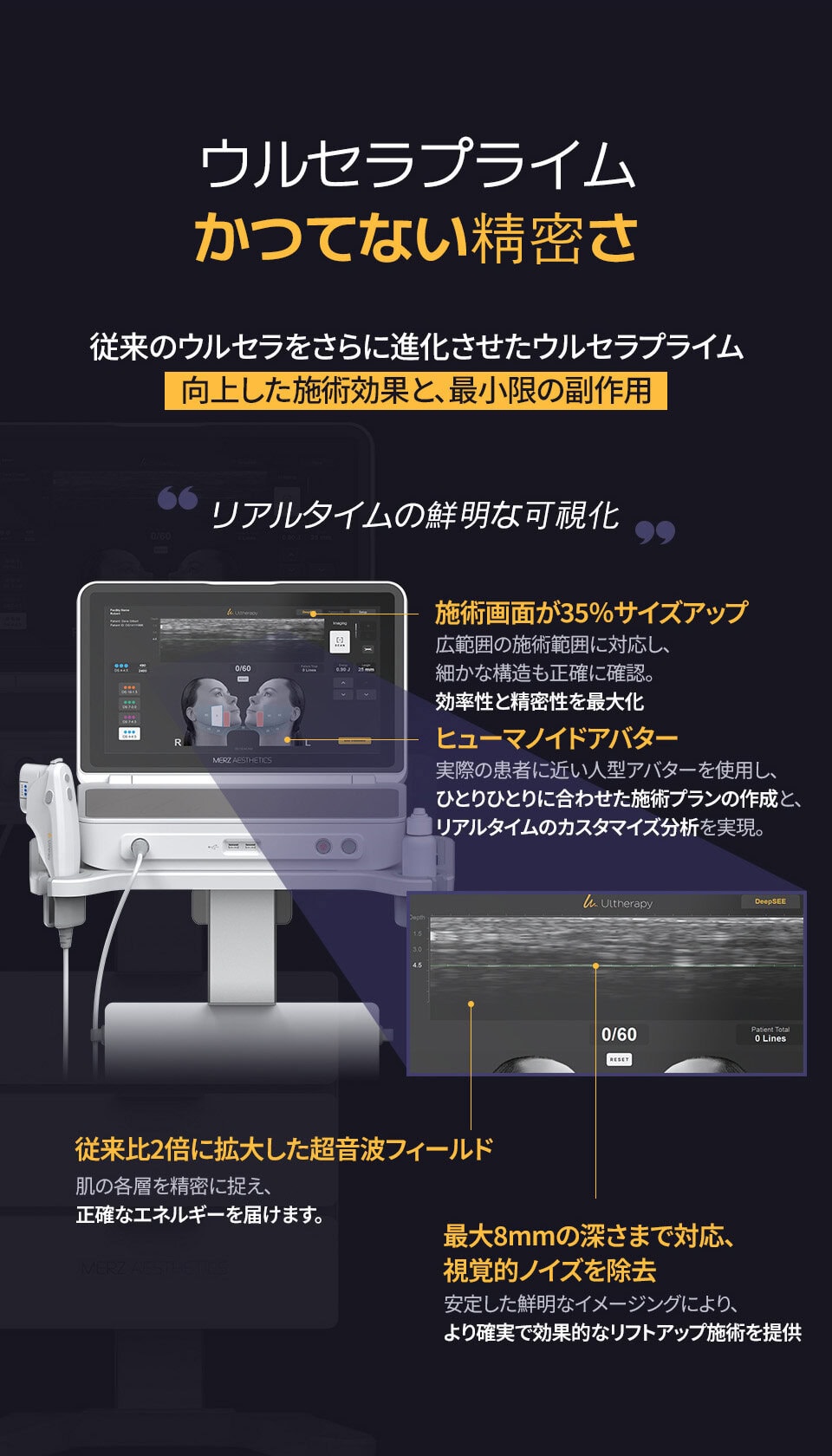id皮膚科のウルセラプライムは、リアルタイムの超音波画像・8mmの深さ確認・広い施術画面により、より安全で精密なリフティング施術を実現します。